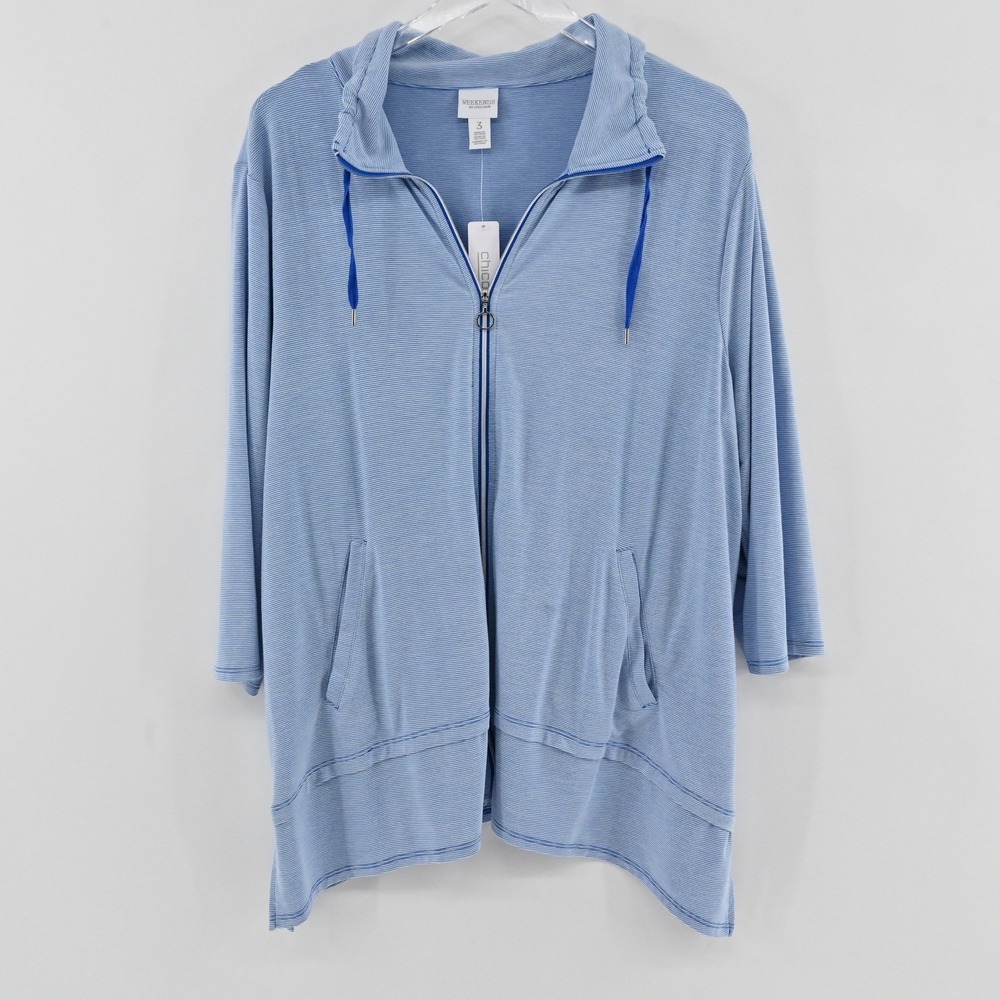 Chicos Weekends Zip Up Hoodie Womens Size XL Blue Striped Ribbed Athleisure Top